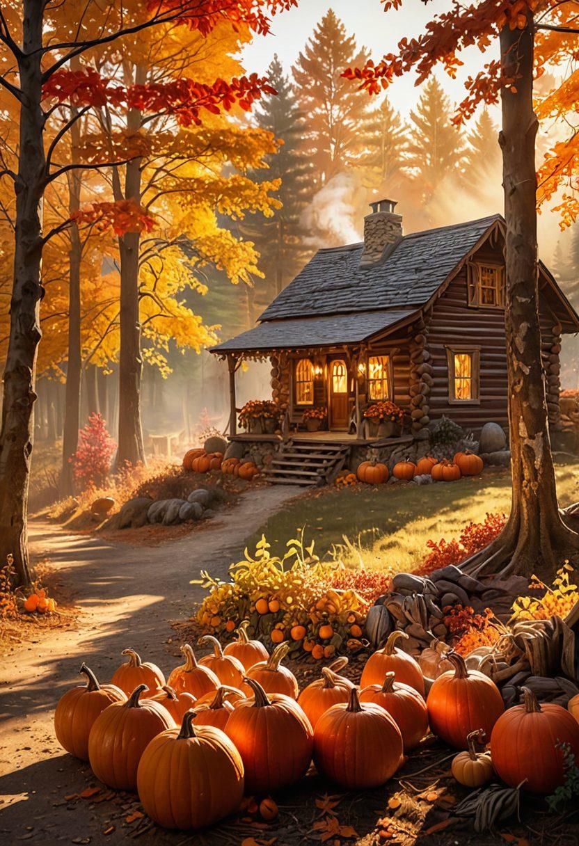 A breathtaking landscape showcasing vibrant autumn foliage in shades of orange, red, and gold, with a serene forest backdrop and a harvest scene of pumpkins and gourds in the foreground. Include a cozy cabin with smoke rising from the chimney, symbolizing warmth, and a family gathered around a harvest feast with a Thanksgiving table. Soft, golden sunlight filters through the trees, casting a magical glow. impressionist painting. warm colors. soft focus.