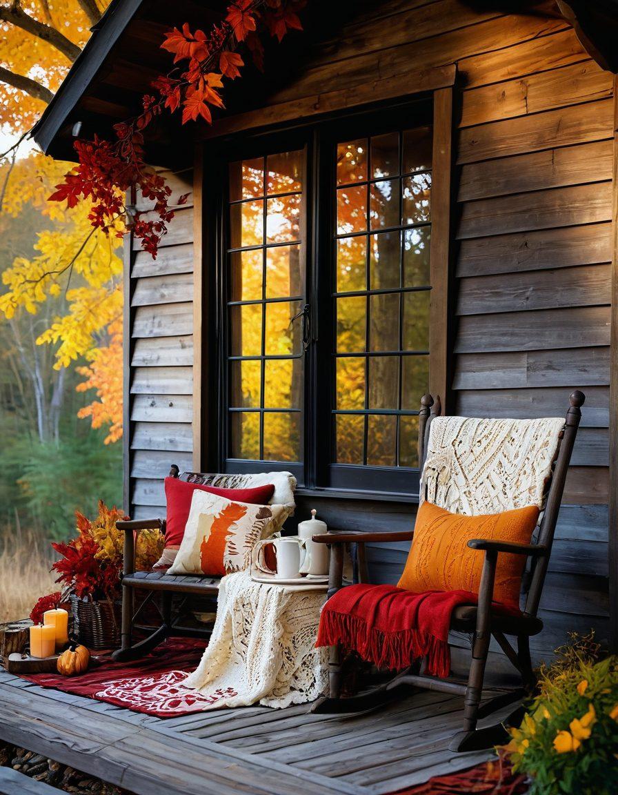 A cozy autumn scene featuring a rustic cabin surrounded by colorful fall foliage, with warm light glowing from the windows. A steaming cup of tea sits on the porch, accompanied by a stack of heartfelt letters and a cozy sweater draped over a chair. Soft leaves fall gently from the trees, capturing the magic of the season. Capture this inviting atmosphere with warm tones and a touch of whimsy. vibrant colors. super-realistic.