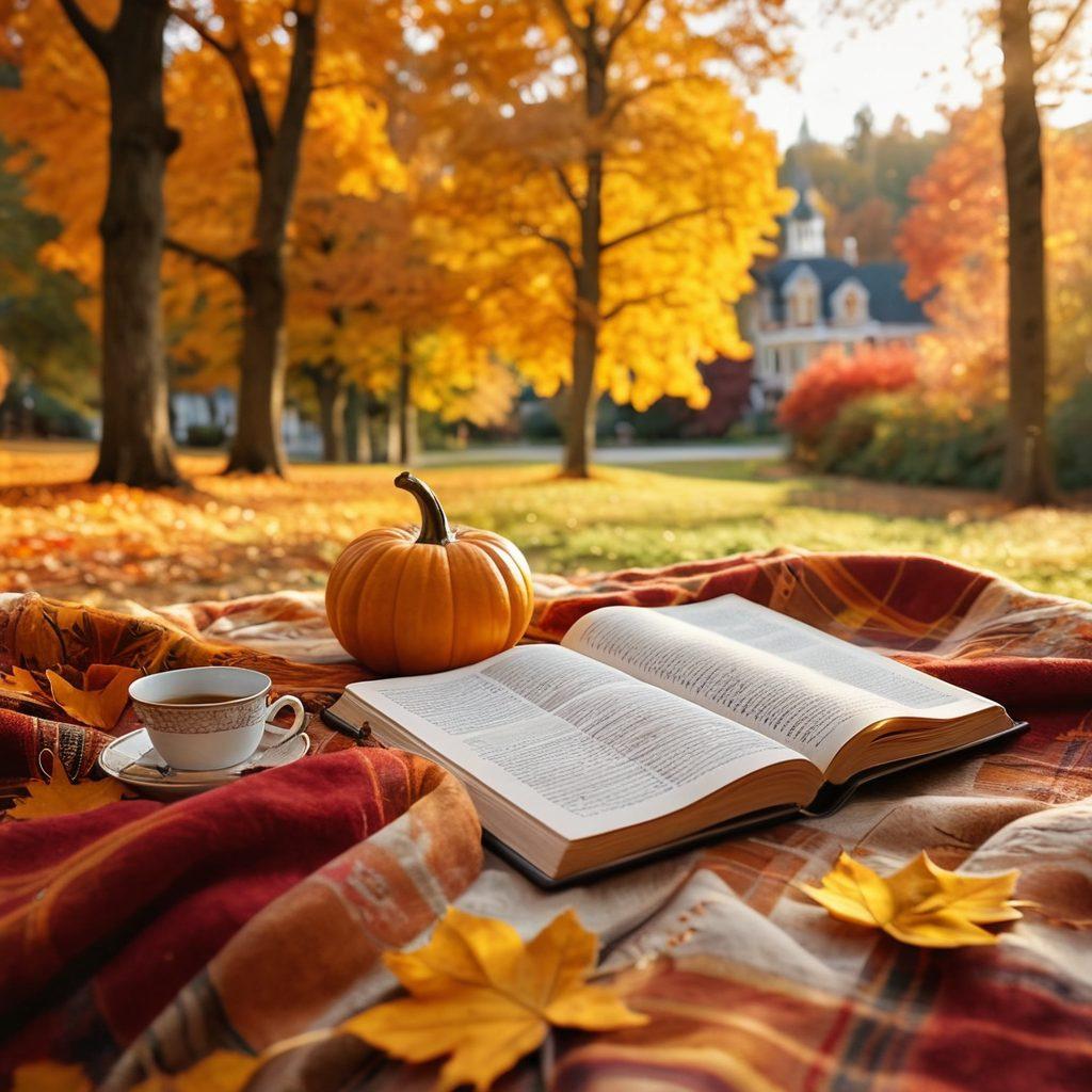 A cozy scene of a person journaling on a blanket amidst a vibrant autumn landscape, surrounded by colorful falling leaves in shades of orange, yellow, and red. A steaming cup of tea rests beside the journal, and a small pumpkin is included for seasonal flair. In the background, tall trees with golden foliage and a gentle, golden sunlight filtering through create a warm ambiance. super-realistic. vibrant colors. soft focus.